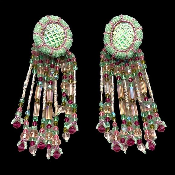 Fabulous huge Iridescent green pink gold chandelier hand crafted earrings - Picture 7 of 7